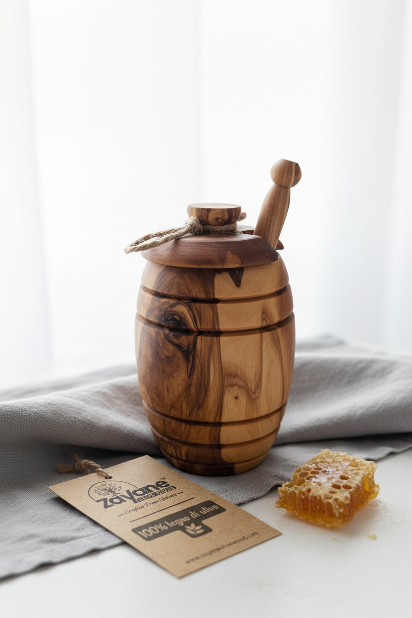 Barattolo per Miele in Legno d’Ulivo con Cucchiaio Dosatore – Zayane™