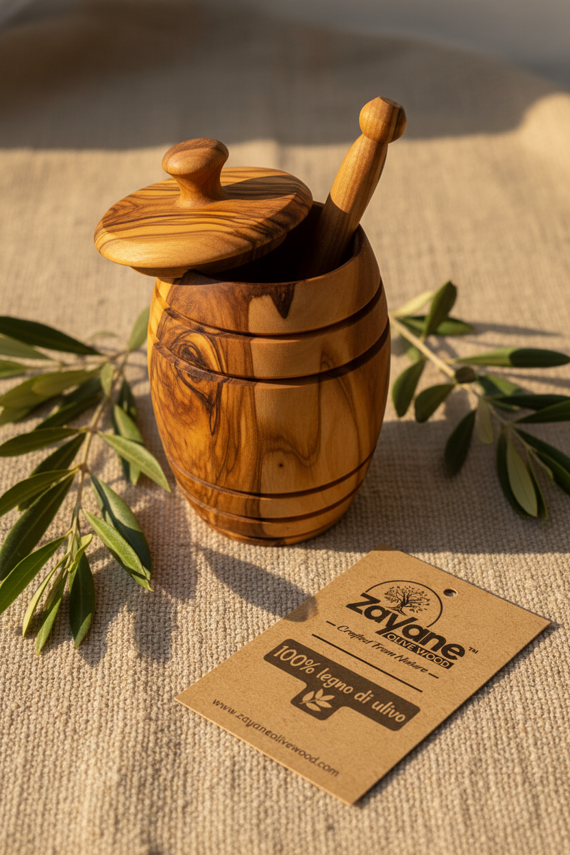 Barattolo per Miele in Legno d’Ulivo con Cucchiaio Dosatore – Zayane™