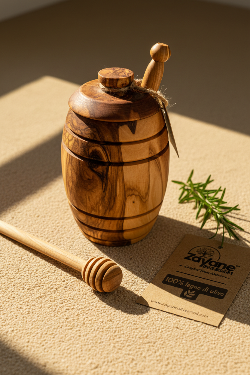 Barattolo per Miele in Legno d’Ulivo con Cucchiaio Dosatore – Zayane™