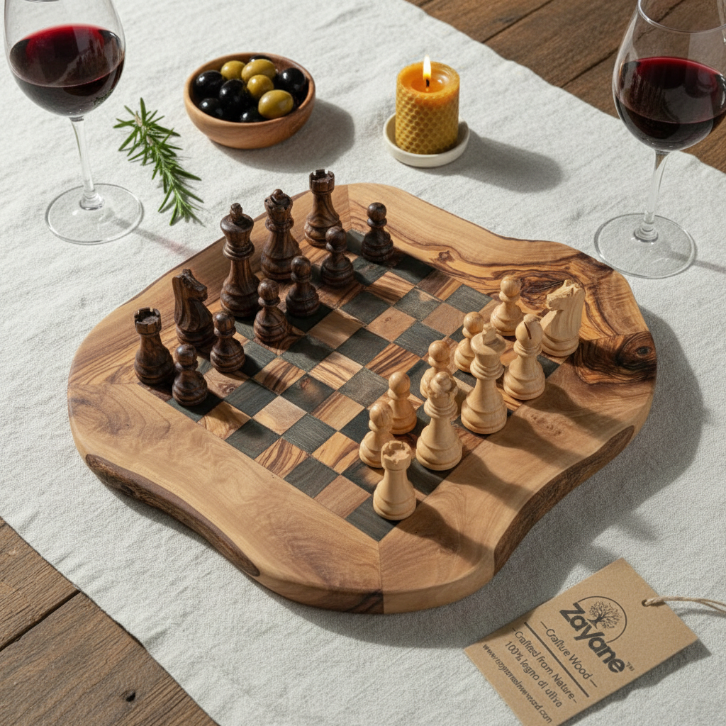 Handgefertigtes Schachbrett aus Olivenholz – Schwarze Quadrate M, L | Zayane™