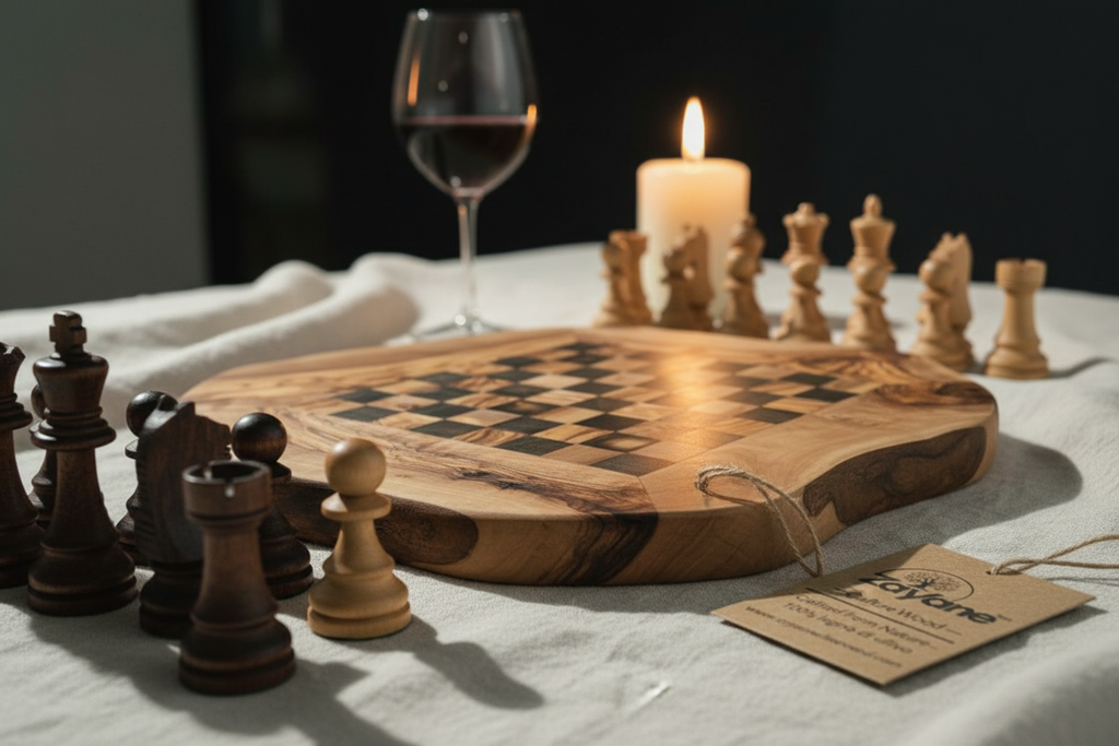 Handgefertigtes Schachbrett aus Olivenholz – Schwarze Quadrate M, L | Zayane™
