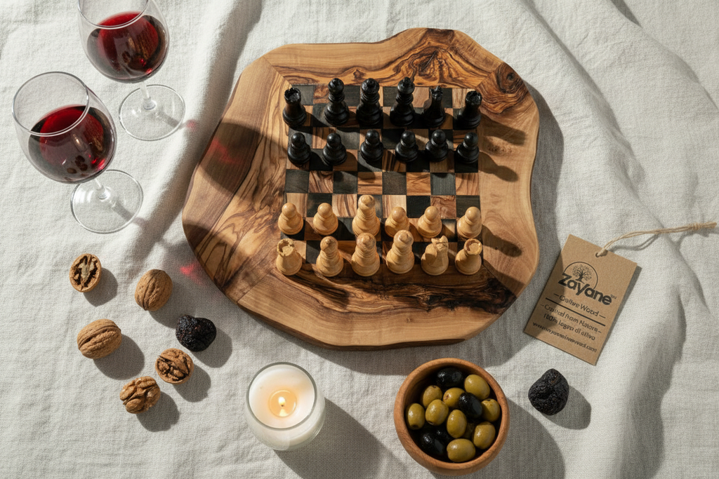 Handgefertigtes Schachbrett aus Olivenholz – Schwarze Quadrate M, L | Zayane™