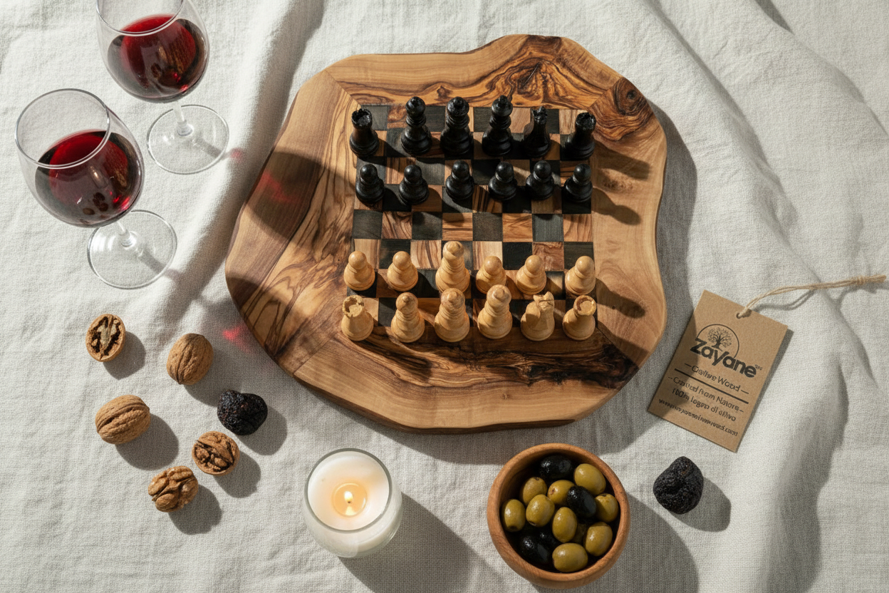 Scacchiera Artigianale in Legno d'Ulivo – Quadrettini Neri M, L | Zayane™