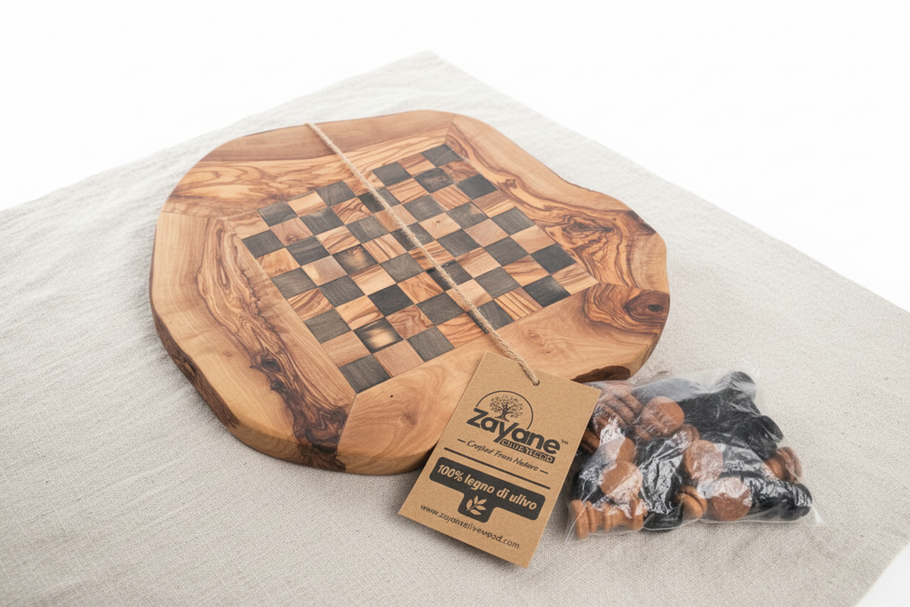 Handgefertigtes Schachbrett aus Olivenholz – Schwarze Quadrate M, L | Zayane™