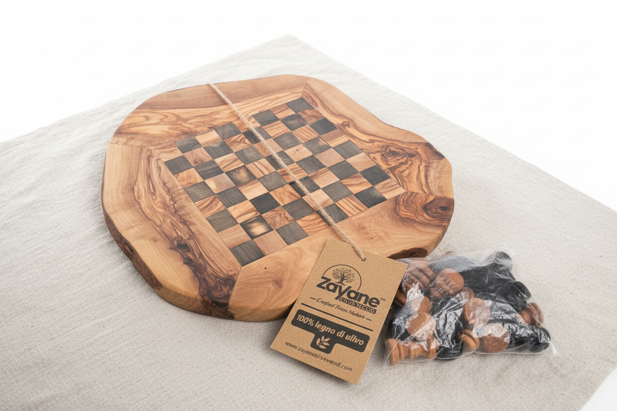 Handgefertigtes Schachbrett aus Olivenholz – Schwarze Quadrate M, L | Zayane™
