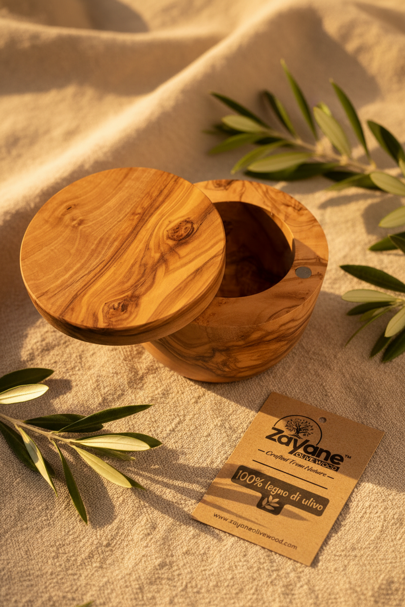 Salzstreuer mit drehbarem Holzdeckel aus Olivenholz handgefertigt | Zayane™