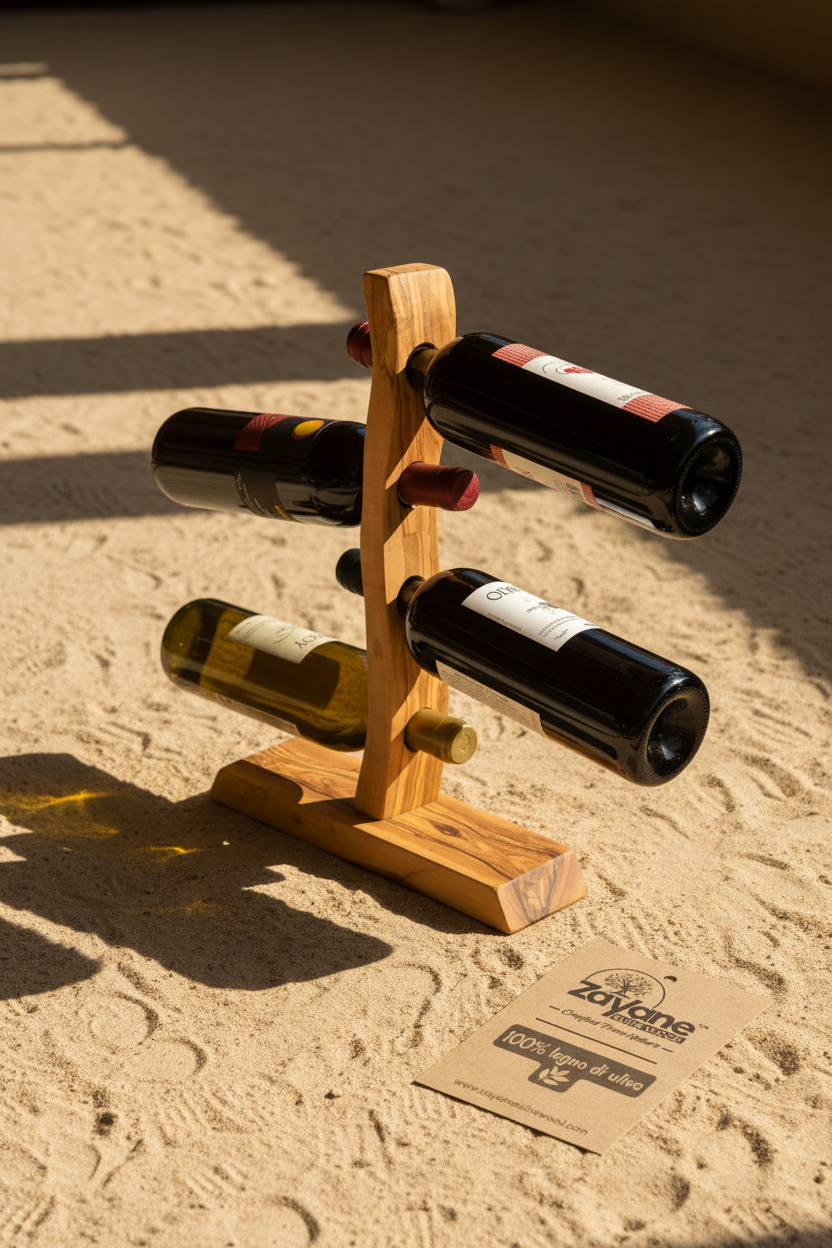 Portabottiglie Artigianale in Legno d'Ulivo per 4 Bottiglie | Zayane™