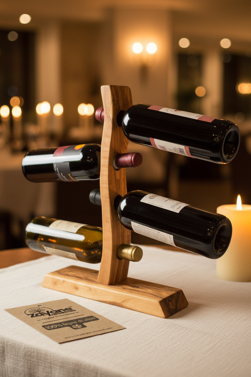 Portabottiglie Artigianale in Legno d'Ulivo per 4 Bottiglie | Zayane™