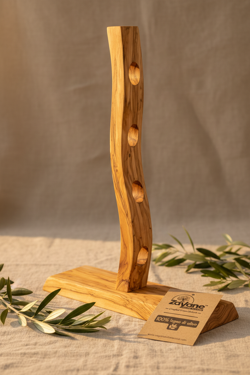 Portabottiglie Artigianale in Legno d'Ulivo per 4 Bottiglie | Zayane™