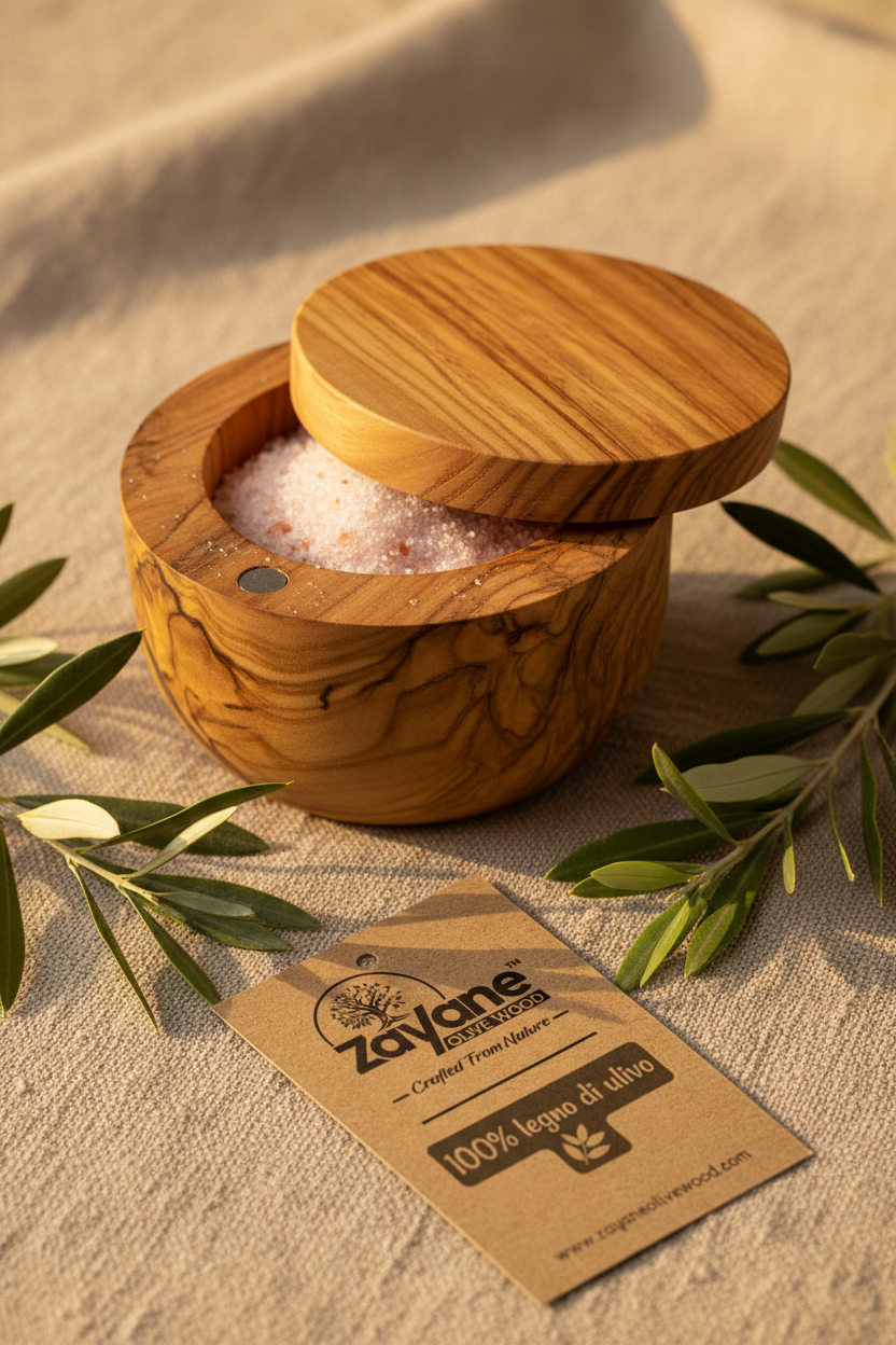 Saliera con Coperchio Girevole in Legno d'Ulivo Artigianale | Zayane™