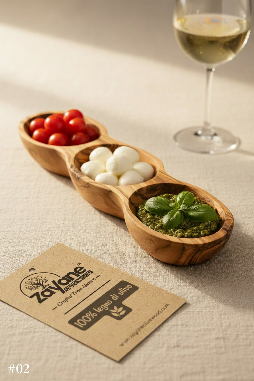 Vassoio Aperitivo a 3 Sezioni a Forma di Barca in Legno d’Ulivo – Zayane™