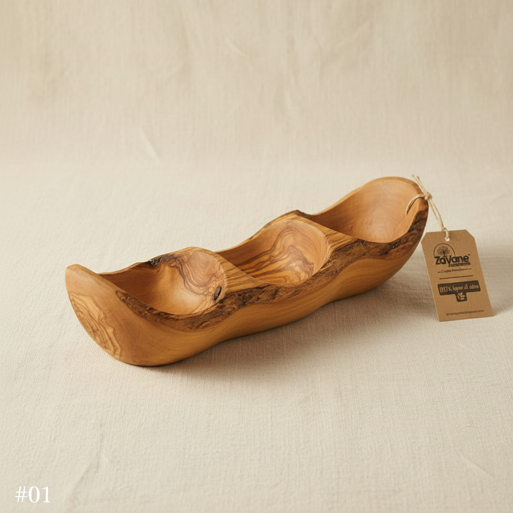 Vassoio Aperitivo a 3 Sezioni a Forma di Barca in Legno d’Ulivo – Zayane™