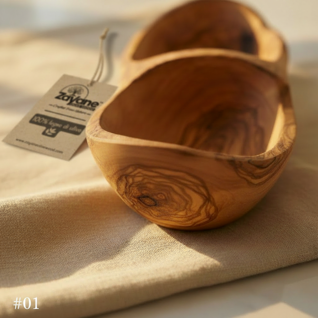 Vassoio Aperitivo a 3 Sezioni a Forma di Barca in Legno d’Ulivo – Zayane™