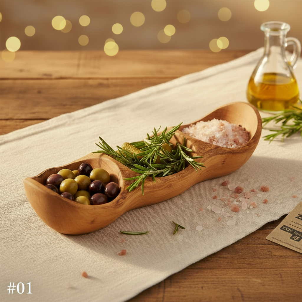 Vassoio Aperitivo a 3 Sezioni a Forma di Barca in Legno d’Ulivo – Zayane™