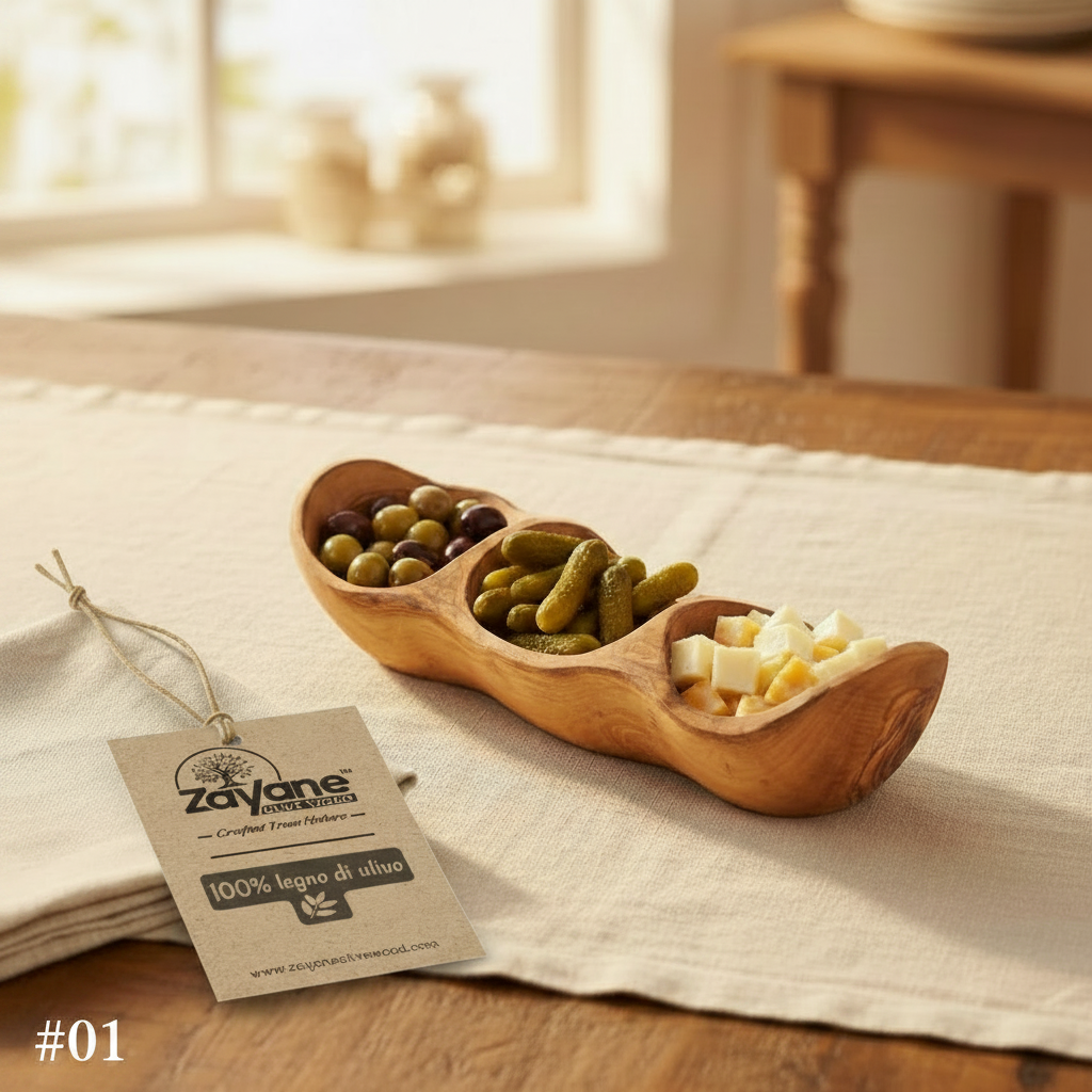 Vassoio Aperitivo a 3 Sezioni a Forma di Barca in Legno d’Ulivo – Zayane™