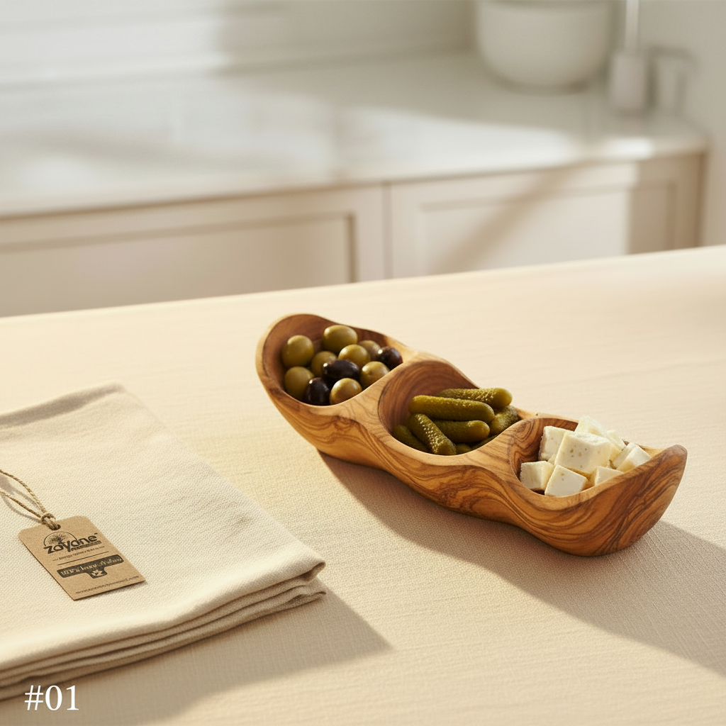 Vassoio Aperitivo a 3 Sezioni a Forma di Barca in Legno d’Ulivo – Zayane™