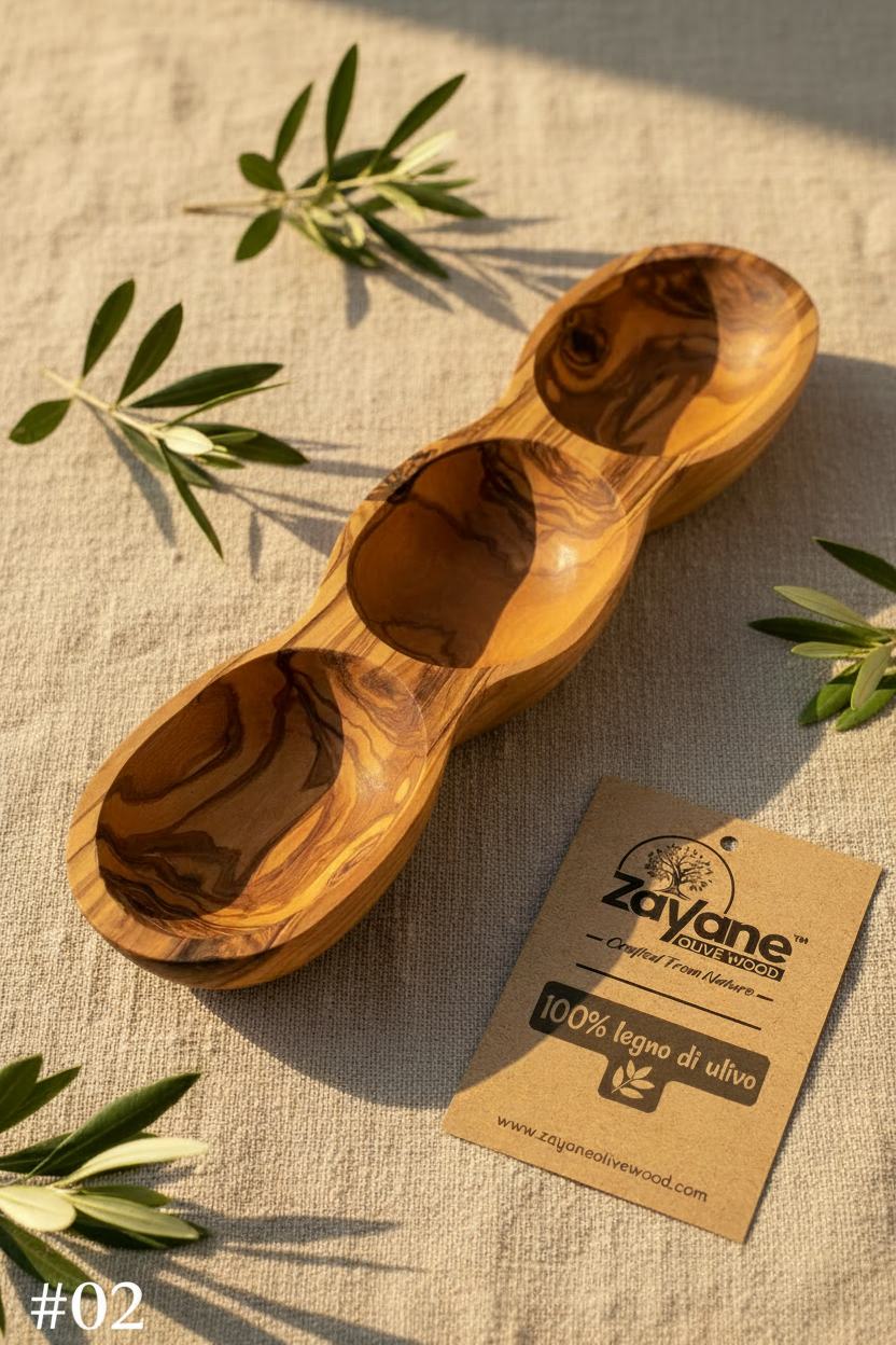 Vassoio Aperitivo a 3 Sezioni a Forma di Barca in Legno d’Ulivo – Zayane™