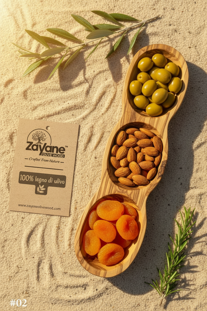 Vassoio Aperitivo a 3 Sezioni a Forma di Barca in Legno d’Ulivo – Zayane™