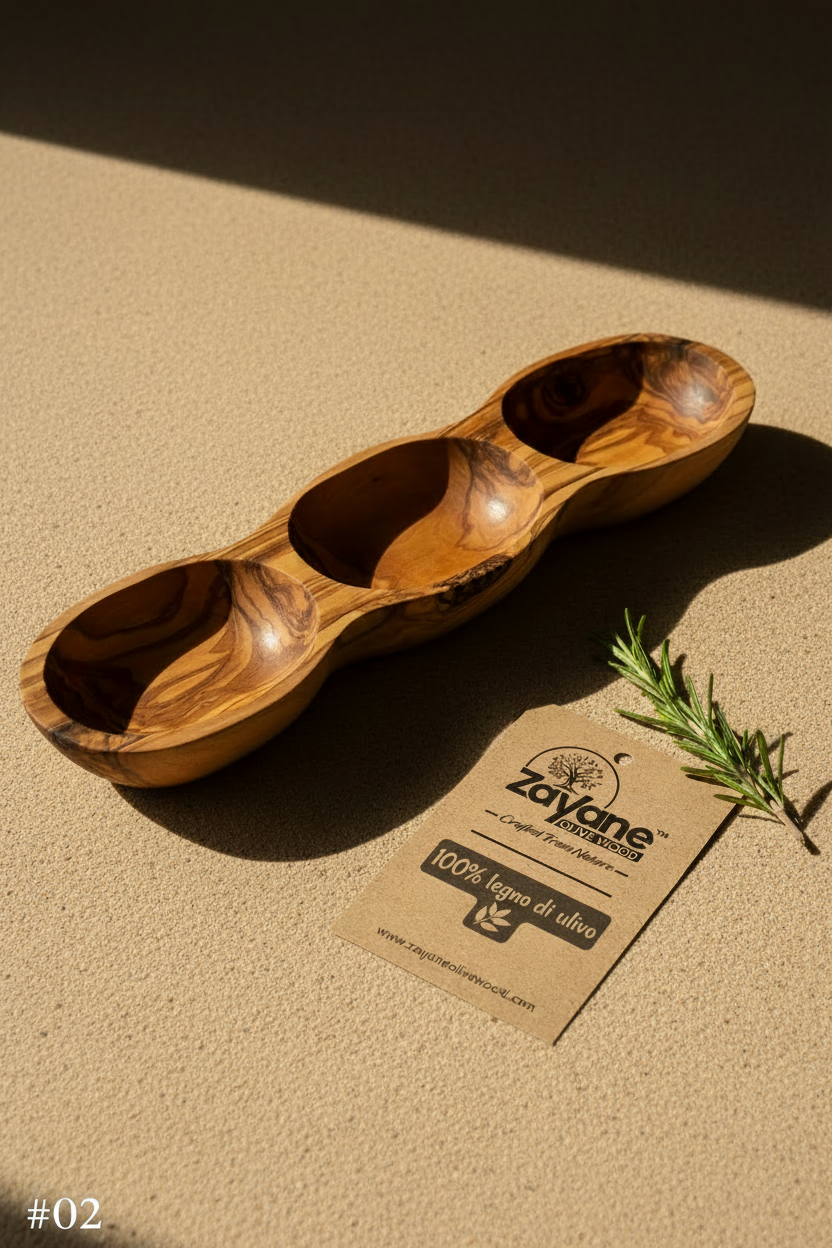 Vassoio Aperitivo a 3 Sezioni a Forma di Barca in Legno d’Ulivo – Zayane™