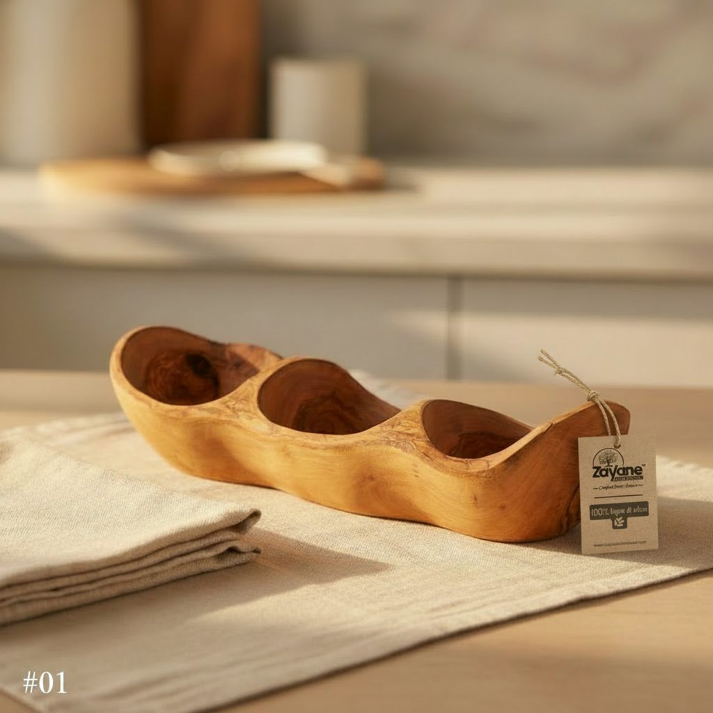 Vassoio Aperitivo a 3 Sezioni a Forma di Barca in Legno d’Ulivo – Zayane™