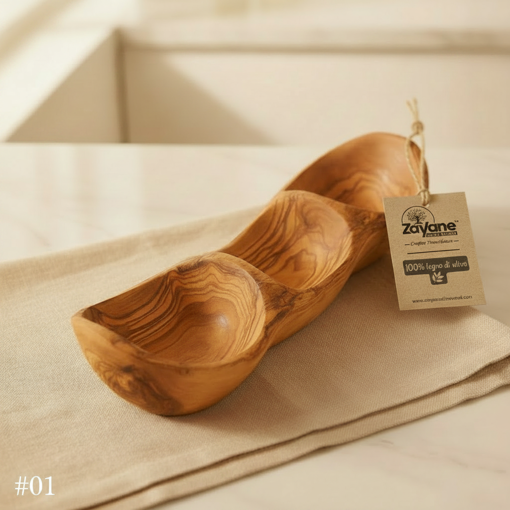 Vassoio Aperitivo a 3 Sezioni a Forma di Barca in Legno d’Ulivo – Zayane™